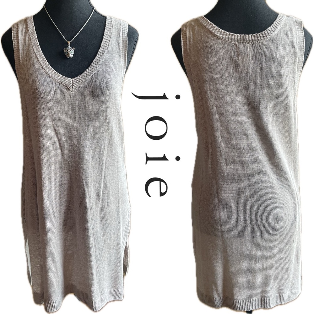 Joie Vagabond Linen Blend Tunic Sweater Shell Sleeveless Slit V-Neck Beige L